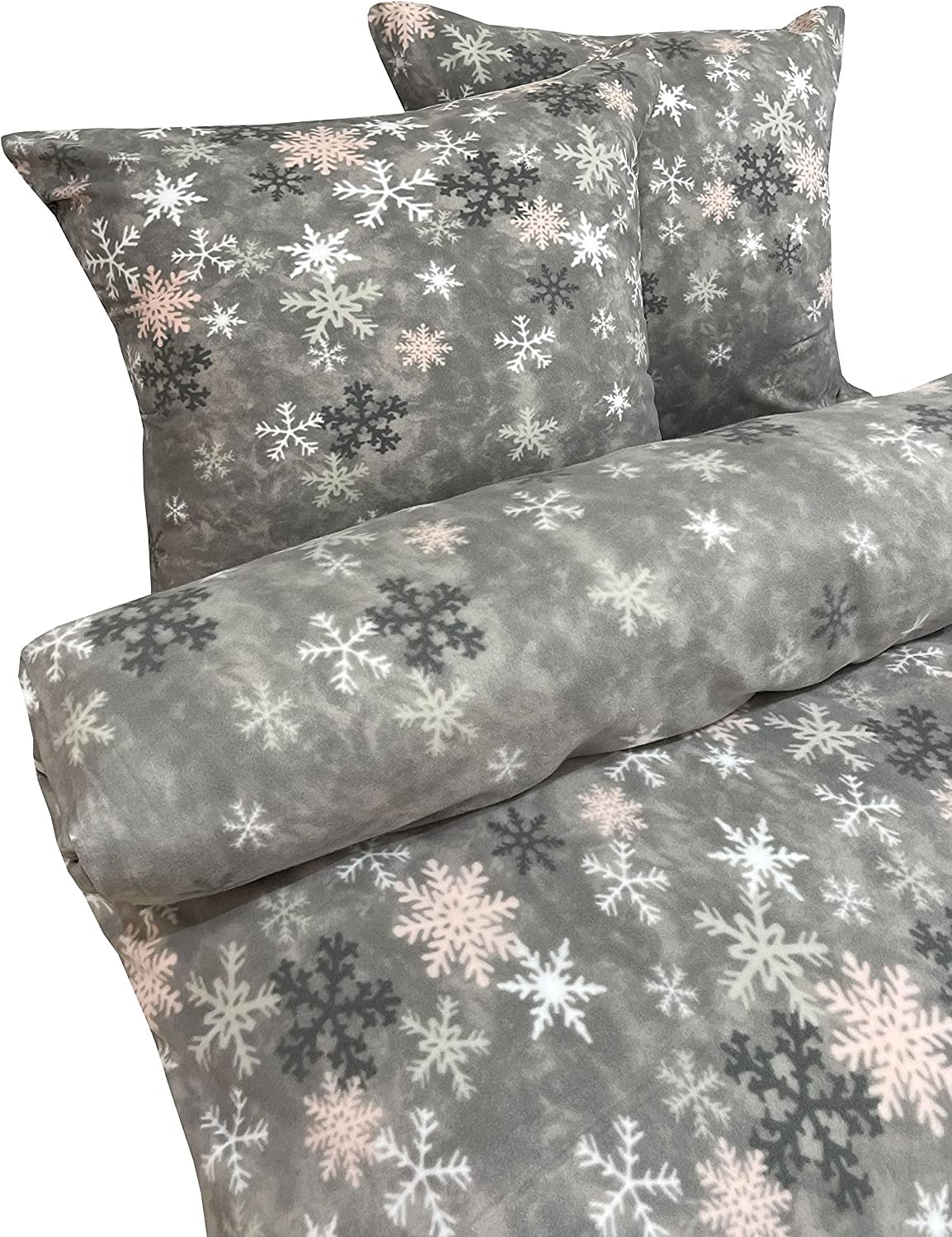 Leonado Vicenti Winter Bettwäsche 155x220 Thermofleece Flauschig Garnitur Set Bettbezug Schlafzimmer 4 teilig Schneeflocken Rosa Grau