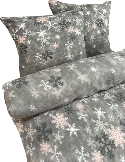Leonado Vicenti Winter Bettwäsche 155x220 Thermofleece Flauschig Garnitur Set Bettbezug Schlafzimmer 4 teilig Schneeflocken Rosa Grau