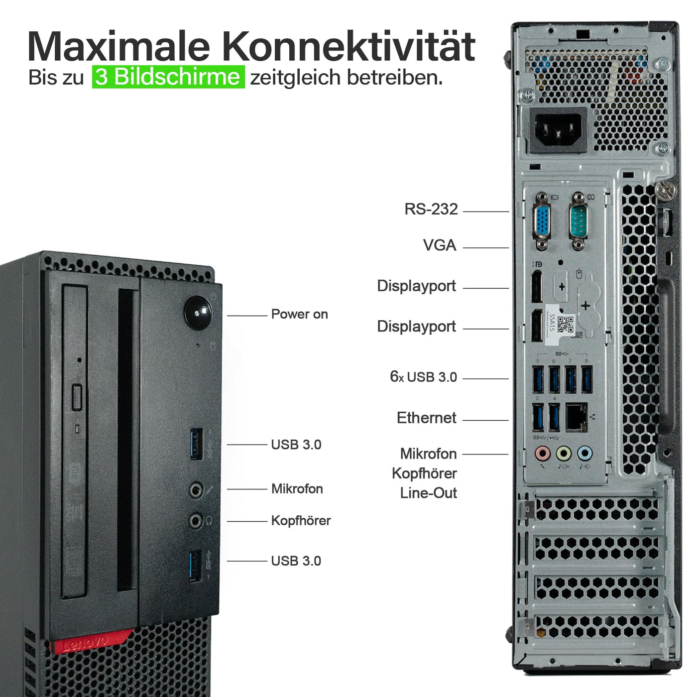 Lenovo - Schneller PC mit Іntel Core i5 - Desktop Computer + Silent Rechner für Büro & Home Office mit 3,2 GHZ - 16GB RAM - 512GB SSD - USB3.0 - WLAN - inkl Windows 11 Pro + Grееd Maus/Tastatur