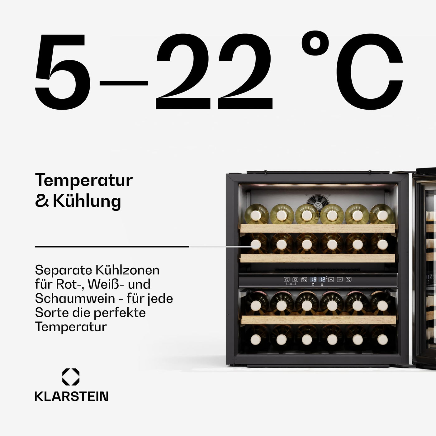 Klarstein Vinsider Victoria 36 Weinkühlschrank – 36 Flaschen, 2 Zonen, 5–22°C, Touch-Bedienung, LED, UV-Schutz, Einbau, schwarz