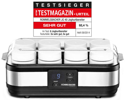 ROMMELSBACHER Joghurtbereiter JG 40 - für bis zu 1200 g Joghurt, LCD Display, 18 Stunden Zeitschaltuhr, automatische Abschaltung, elektronische Temperaturregelung, 8 Portionsgläser à 150 ml, 40 Watt