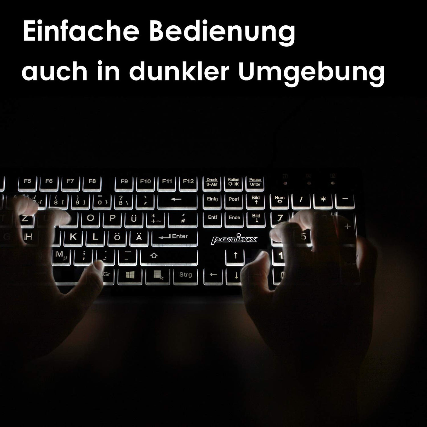 Perixx Periboard-317, Kabelgebundene Tastatur mit weißer LED Hintergrundbeleuchtung, Große Druckbuchstaben, Vollformat, Deutsches QWERTZ Layout