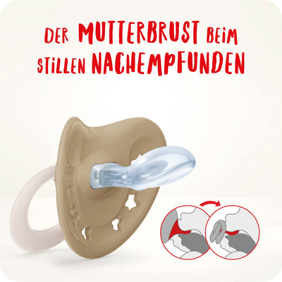 NUK Signature Babyschnuller | 0−6 Monate | Beruhigt 95 % der Babys | BPA-freie Silikonschnuller in Herzform | Mit Etui | Grüne Sterne | 2 Stück
