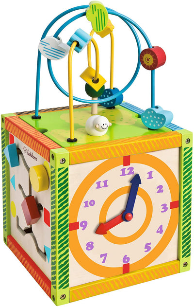 Eichhorn 100002235 buntes Spielcenter, Motorikwürfel mit Motorikschleife, Uhr, Motorikspiel, Drehspiel und 5 Steckbausteine, für Kinder ab 1 Jahr, Größe: 20x20x36 cm