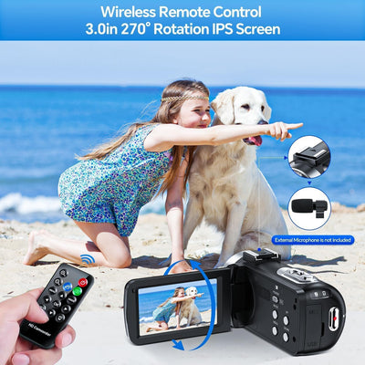 Videokamera 4K Camcorder, 42 MP Videorecorder für Vlogging YouTube 18X Digitalzoom 4K Webcam Camera mit 3-Zoll-Bildschirm um 270° drehbar Kompaktkamera für Reisen mit 2 Akkus, 32 GB-Karte, Fernbe