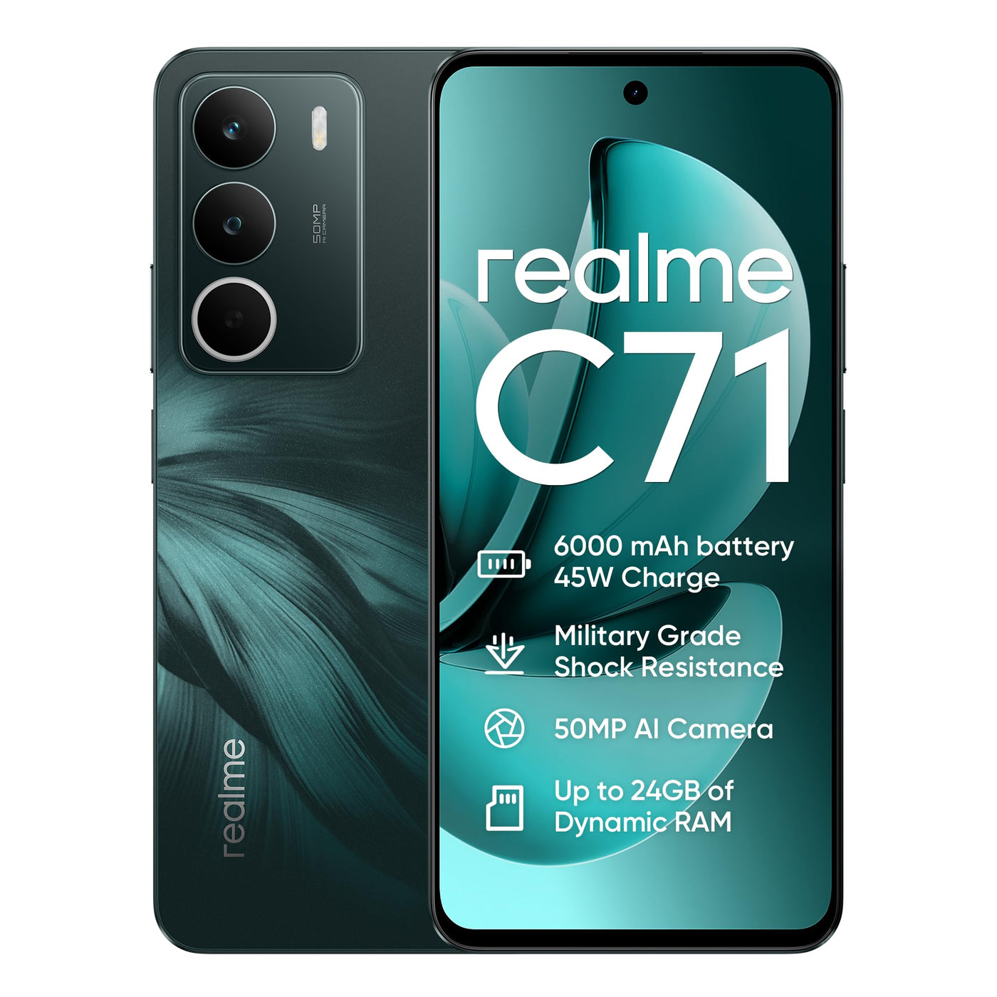 realme C71 4G Smartphone,6+128GB,6000 mAh Battery,45W Charge,Octa-Core Chipset,50MP AI Camera,24GB Dynamic RAM,120Hz Display,Grade Shock Resistance,Daily Water Resistance,Forest Owl (No Adapter)
