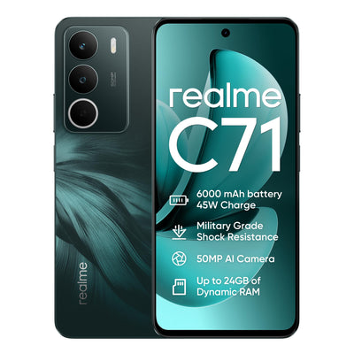realme C71 4G Smartphone,6+128GB,6000 mAh Battery,45W Charge,Octa-Core Chipset,50MP AI Camera,24GB Dynamic RAM,120Hz Display,Grade Shock Resistance,Daily Water Resistance,Forest Owl (No Adapter)