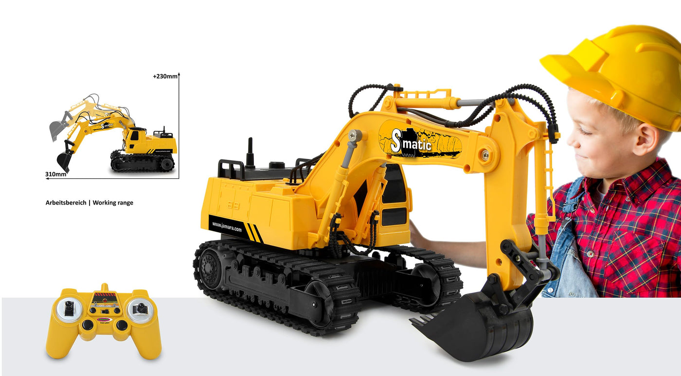 JAMARA 406310 Bagger S-Matic 2,4GHz, Kinderbagger, Spiezeugbagger, RC Kids, Ferngesteuert, Raupenantrieb, Mehrspielerbetrieb, ab 6 Jahre, 360 Grad Turmdrehung, Gelb