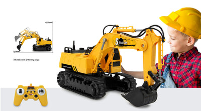 JAMARA 406310 Bagger S-Matic 2,4GHz, Kinderbagger, Spiezeugbagger, RC Kids, Ferngesteuert, Raupenantrieb, Mehrspielerbetrieb, ab 6 Jahre, 360 Grad Turmdrehung, Gelb