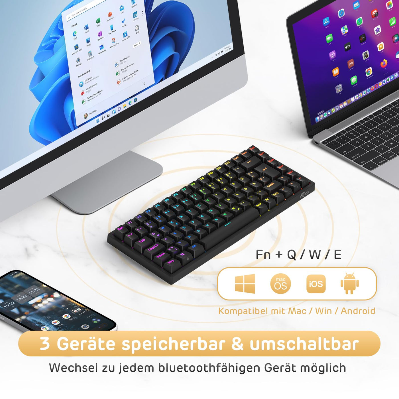 RK ROYAL KLUDGE RK84-DE 75% Gaming-Tastatur, 85 Tasten TKL , Bluetooth Mechanische , Rote Schalter, RGB Hintergrundbeleuchtung, 2.4Ghz für Mac & Windows, Schwarz