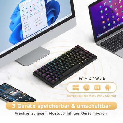 RK ROYAL KLUDGE RK84-DE 75% Gaming-Tastatur, 85 Tasten TKL , Bluetooth Mechanische , Rote Schalter, RGB Hintergrundbeleuchtung, 2.4Ghz für Mac & Windows, Schwarz