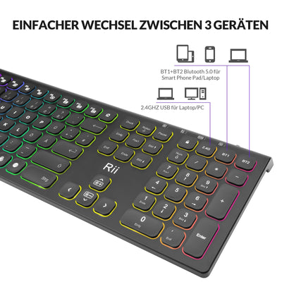 Rii Bluetooth Tastatur Kabellos, Gaming Tastatur Bluetooth mit QWERTZ, Tastatur Gaming Keyboard mit Halterung, Kabellose Tastatur Beleuchtet für PC/Tablet