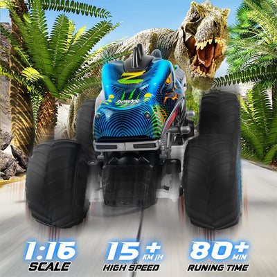 Rhybor Ferngesteuertes Auto Dinosaurier 1:16 Maßstab RC Monster Truck Fernbedienung Auto mit Sprühnebel-Musik-LED-Leuchten, 2,4 GHz 20 km/h RC Auto Spielzeug für Kinder ab 3 4 5 6 8 10 Jahre