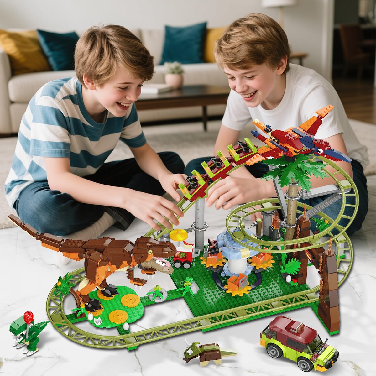 HOGOKIDS Dinosaurier Achterbahn Bausteine Spielzeug – 1222pcs Achterbahn Bauspielzeug mit 4 Dinosauriern, Geländewagen, Dinosauriermodellen, Geschenk für Erwachsene, Mädchen Jungen ab 8 Jahren