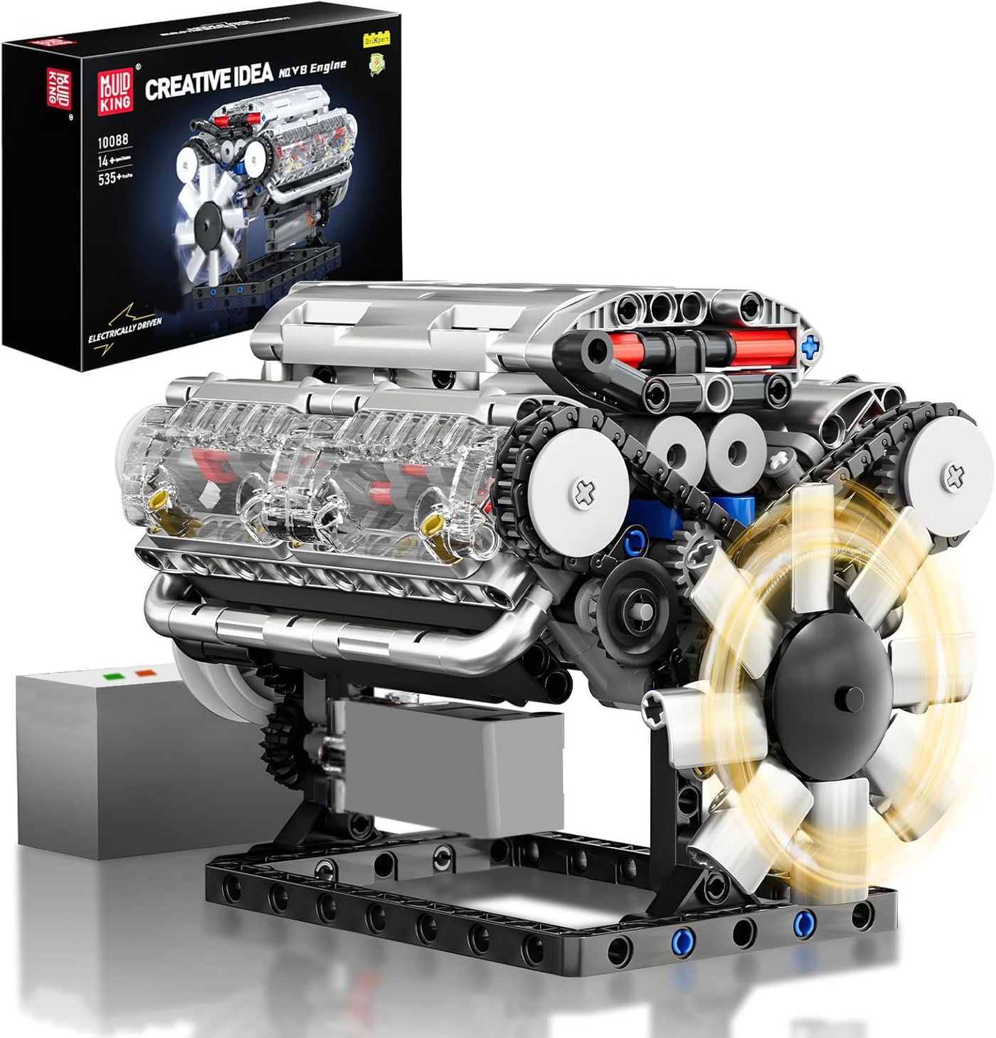 Mould King 10088 Technik V8 Motor Bausatz Bausteine Modell Motor Klemmbausteine Benzinmotor Engine Kit Transparentes Funktionsmodell für Engine Fans (535 Teile)