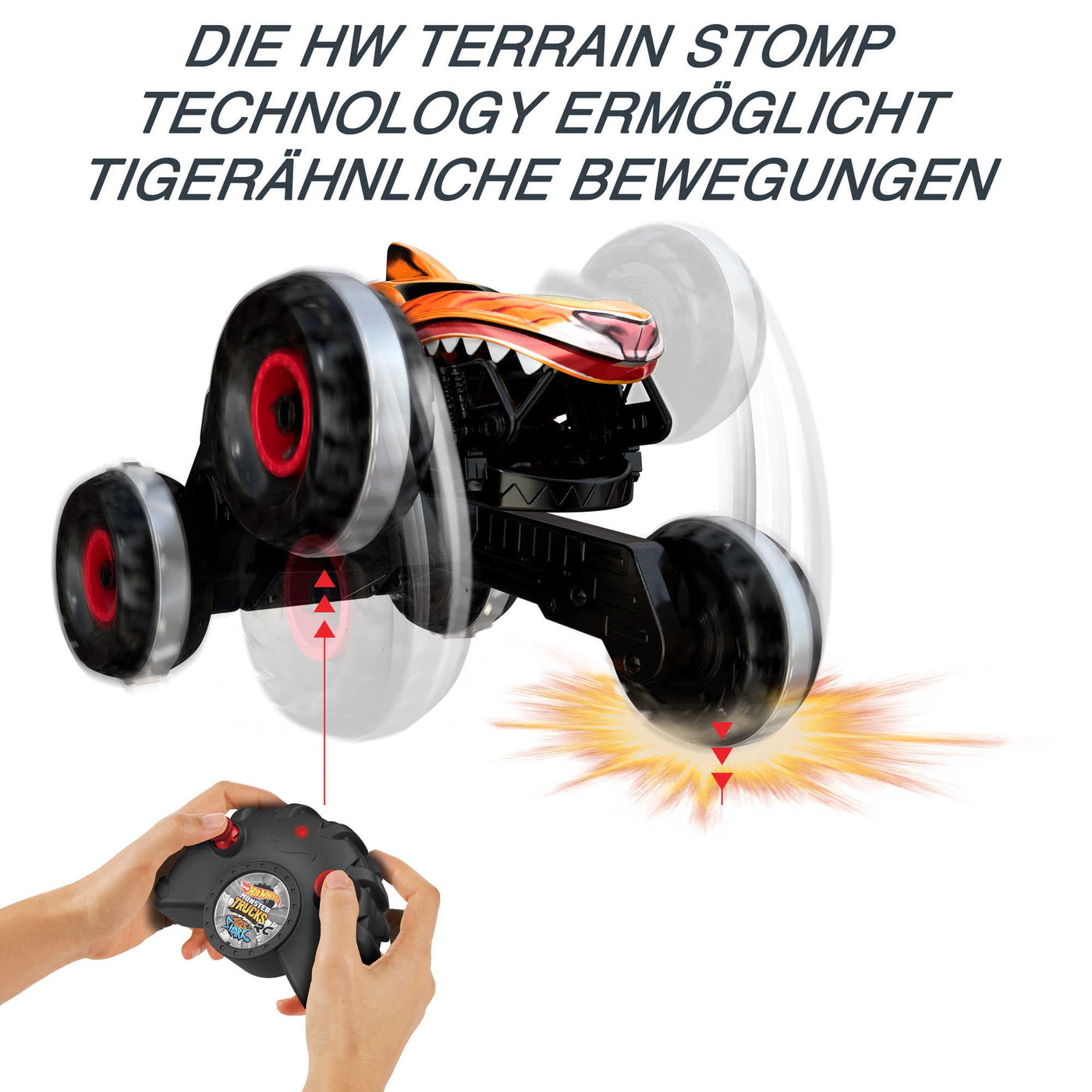 Hot Wheels Monster Trucks Ferngesteuertes Auto Tiger Shark, mit 'Terrain Stomp' Technologie für tierähnliche Bewegungen, Wheelie Modus für Drehen auf 2 Rädern, Spielzeug ab 4 Jahre, HGV87