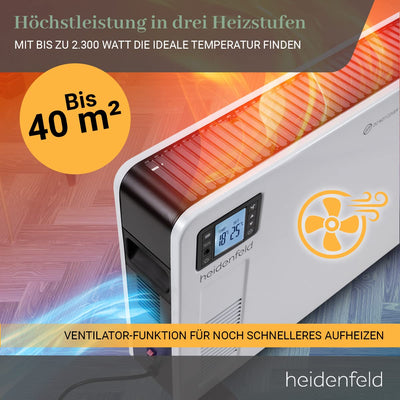 Heidenfeld Elektro Konvektorheizung EK100 | 𝟑 𝐉𝐀𝐇𝐑𝐄 𝐆𝐀𝐑𝐀𝐍𝐓𝐈𝐄 - 2300 Watt - Fernbedienung - Timer - LCD-Display - Heizkörper - Heizgerät - Elektroheizung - Bis 40 m² - Konvektor (EK100)