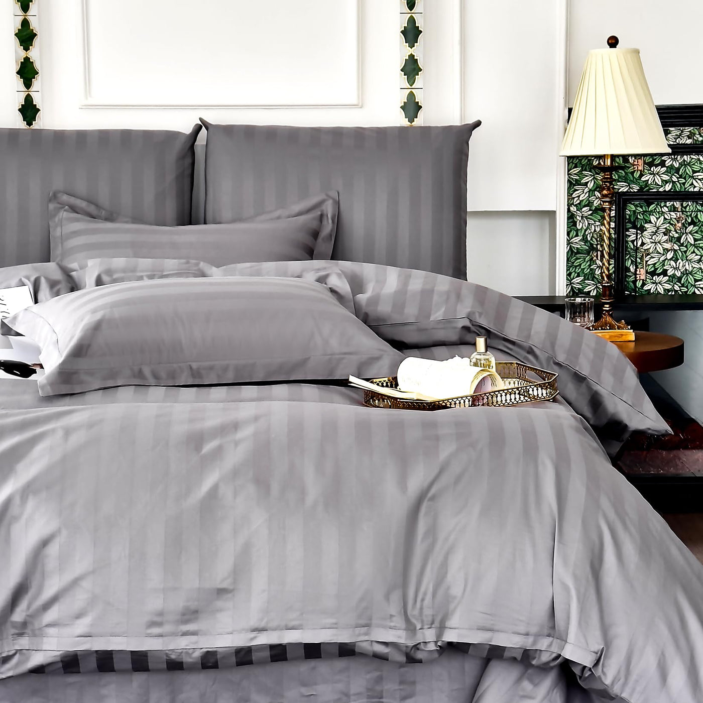 Amolavet Hotel Bettwäsche 135x200 Baumwolle Grau 2teilig Set Bettwäsche 135x200 Mako Satin Baumwolle Damast Streifen Grau mit Reißverschluss für Ganzjährig