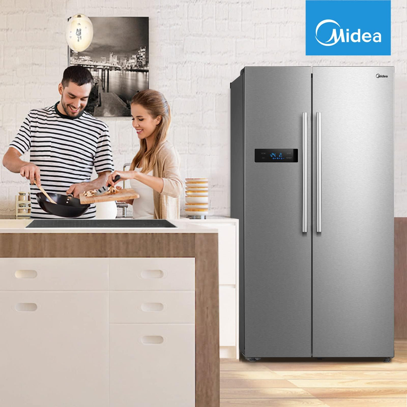 Midea MERS530FGD02 Side-by-Side Kühl-/Gefrierkombination/NoFrost/Inverter Technologie/Indoor Ice Bar/Twin Control/176,5 cm Höhe/335 L Kühlen/197 L Gefrieren/256 kWh/Jahr