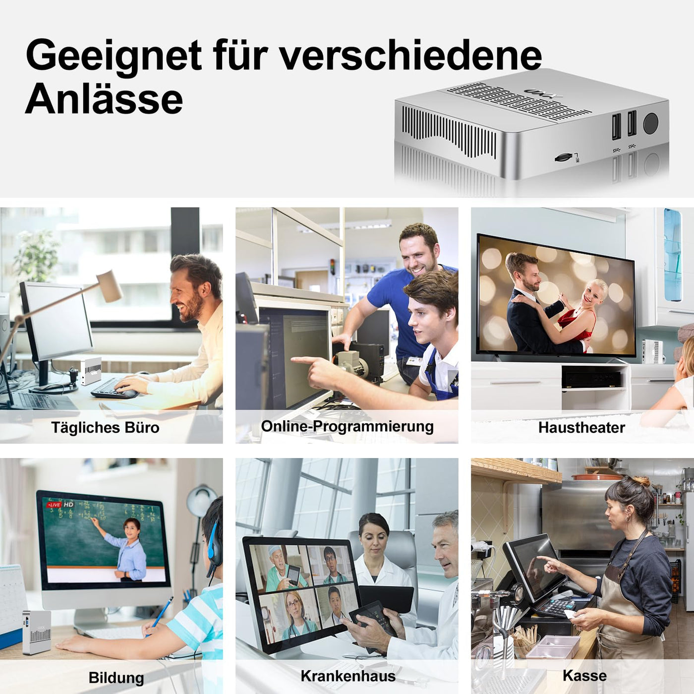 UXX Mini PC Unterstützung 512GB M.2 SSD Erweiterung, N3350 Micro Desktop Computer 64GB eMMC, Gaming PC 4K UHD Dual Display, BT, 2.4/5G WiFi, USB 3.0, HD für Büro/Home (silbrig)