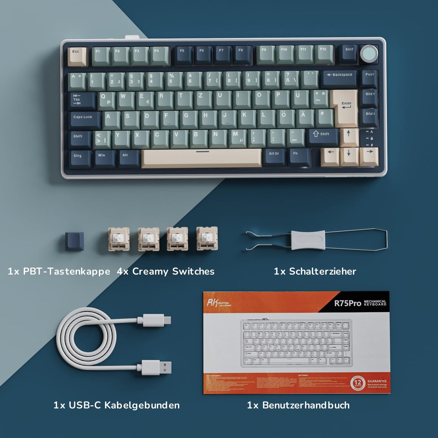 RK ROYAL KLUDGE R75 Mechanische Tastatur Kabellos 75%, Gasket Gaming Tastatur 75 Prozent TKL mit Knopf QWERTZ RGB Bluetooth/2.4G/USB-C PBT Tastenkappen QMK/VIA, Hot Swap Linearer Creamy Switches