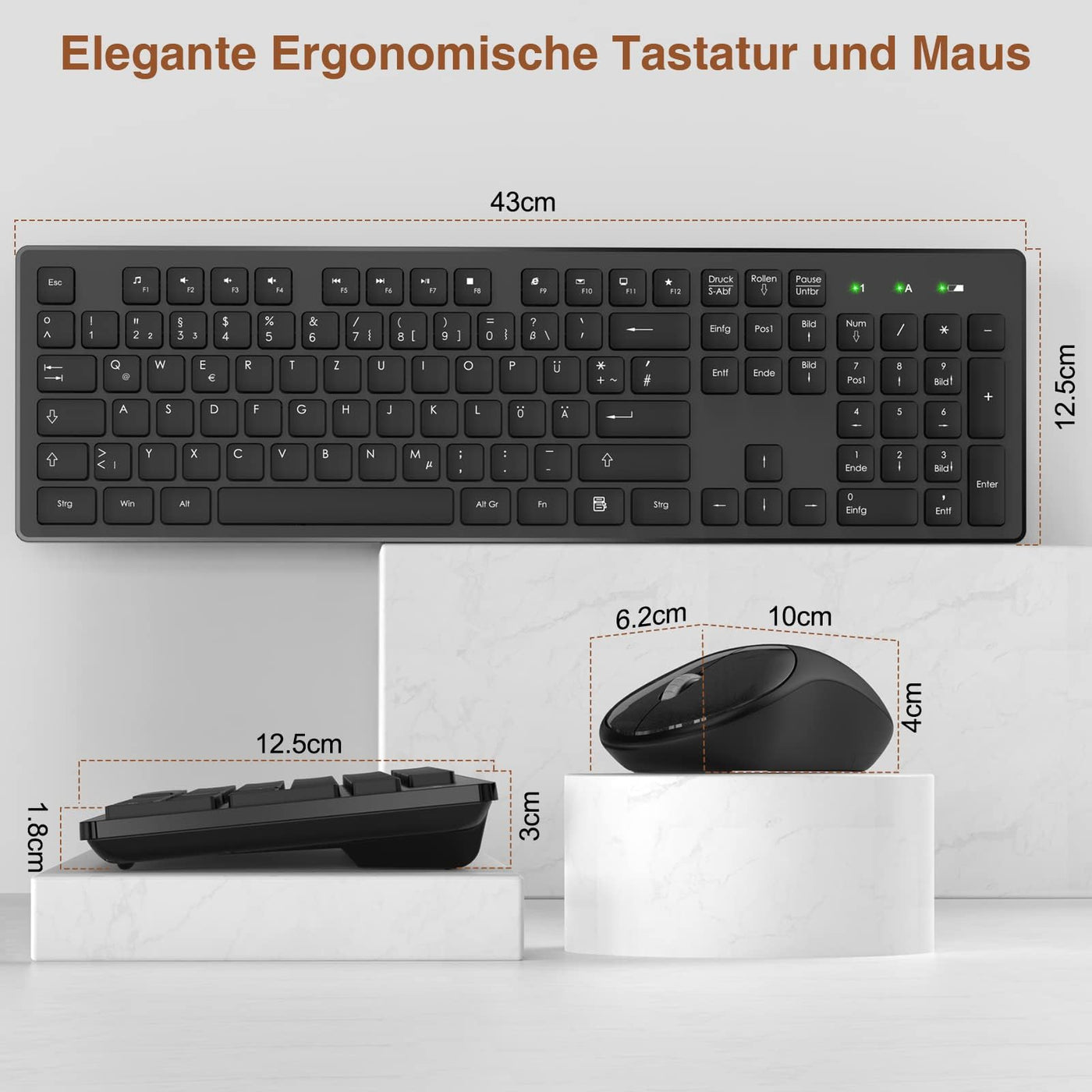 Tastatur Maus Set Kabellos, 2,4GHz Kabellose Tastatur und Maus, Funktastatur in Standardgröße mit Ziffernblock, 1600DIP Ergonomische Maus, für Windows/PC/Laptop/Computer - QWERTZ, Schwarz