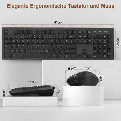 Tastatur Maus Set Kabellos, 2,4GHz Kabellose Tastatur und Maus, Funktastatur in Standardgröße mit Ziffernblock, 1600DIP Ergonomische Maus, für Windows/PC/Laptop/Computer - QWERTZ, Schwarz