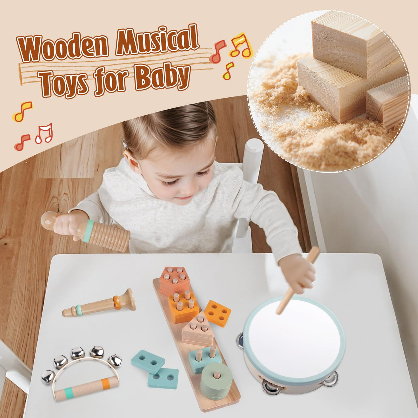 Musikinstrumente für Kinder ab 1-3 Jahre Holz Montessori Instrumente Musikinstrumente Baby 6 bis 12 Monate Percussion-Instrumente Musikspielzeug-Set für Kleinkinde (Natürlich)