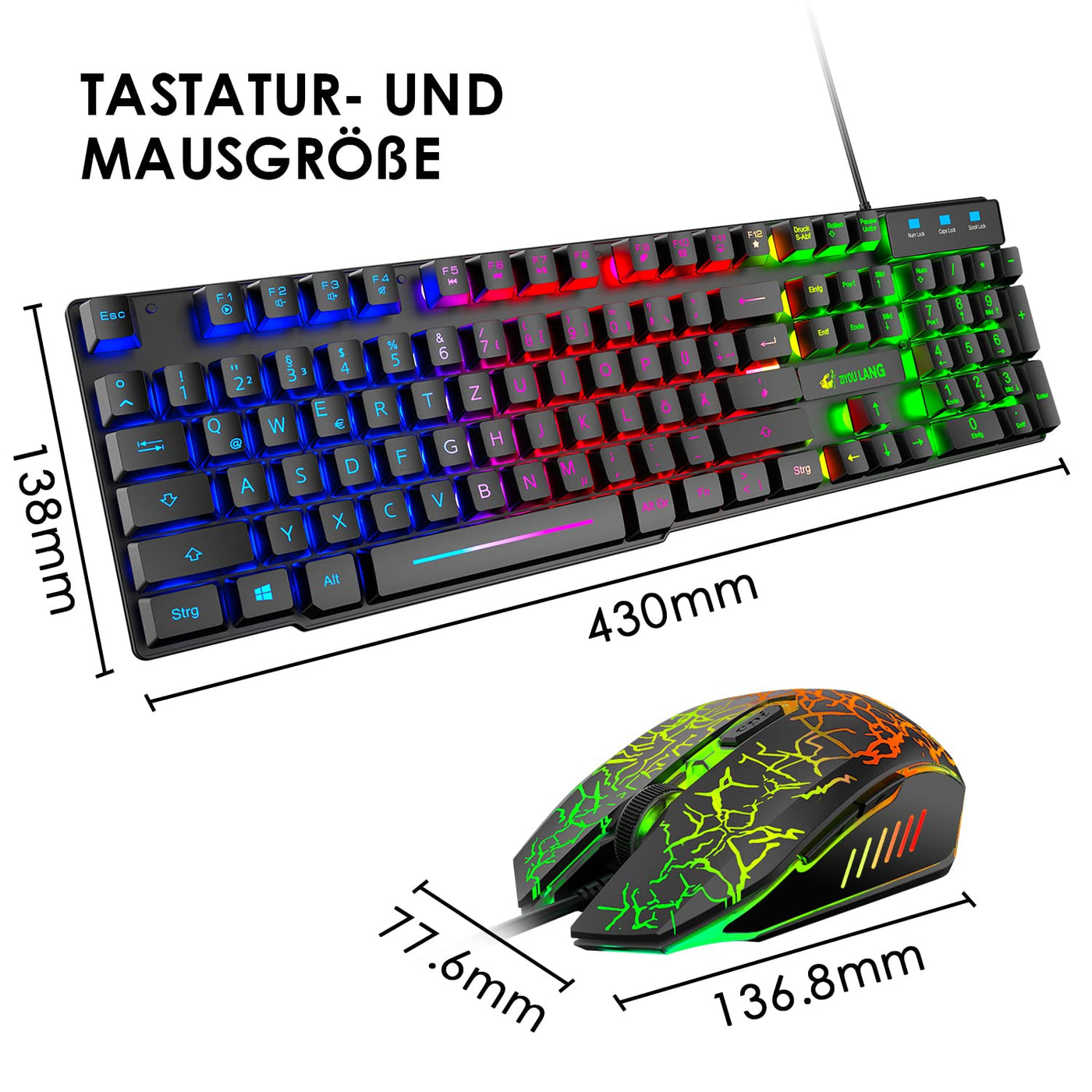 QWERTZ Deutsches DE Layout Kabelgebundene Gaming Tastatur und Maus Set 104 tasten LED Regenbogen Farben Beleuchtete 2400 DPI 6-Tasten-Maus Tastatur und Maus kompatibel mit PC PS5 PS4 Xbox-Schwarze