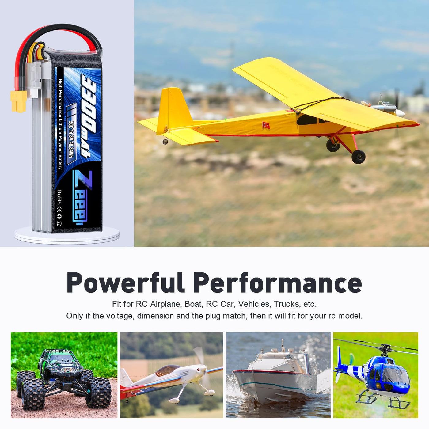 Zeee 4S Lipo Akku 14,8V 50C 3300mAh RC Batterie mit XT60 Stecker für RC Auto Truck Flugzeug Heilikopter Boot RC Hobby (2 Packungen)