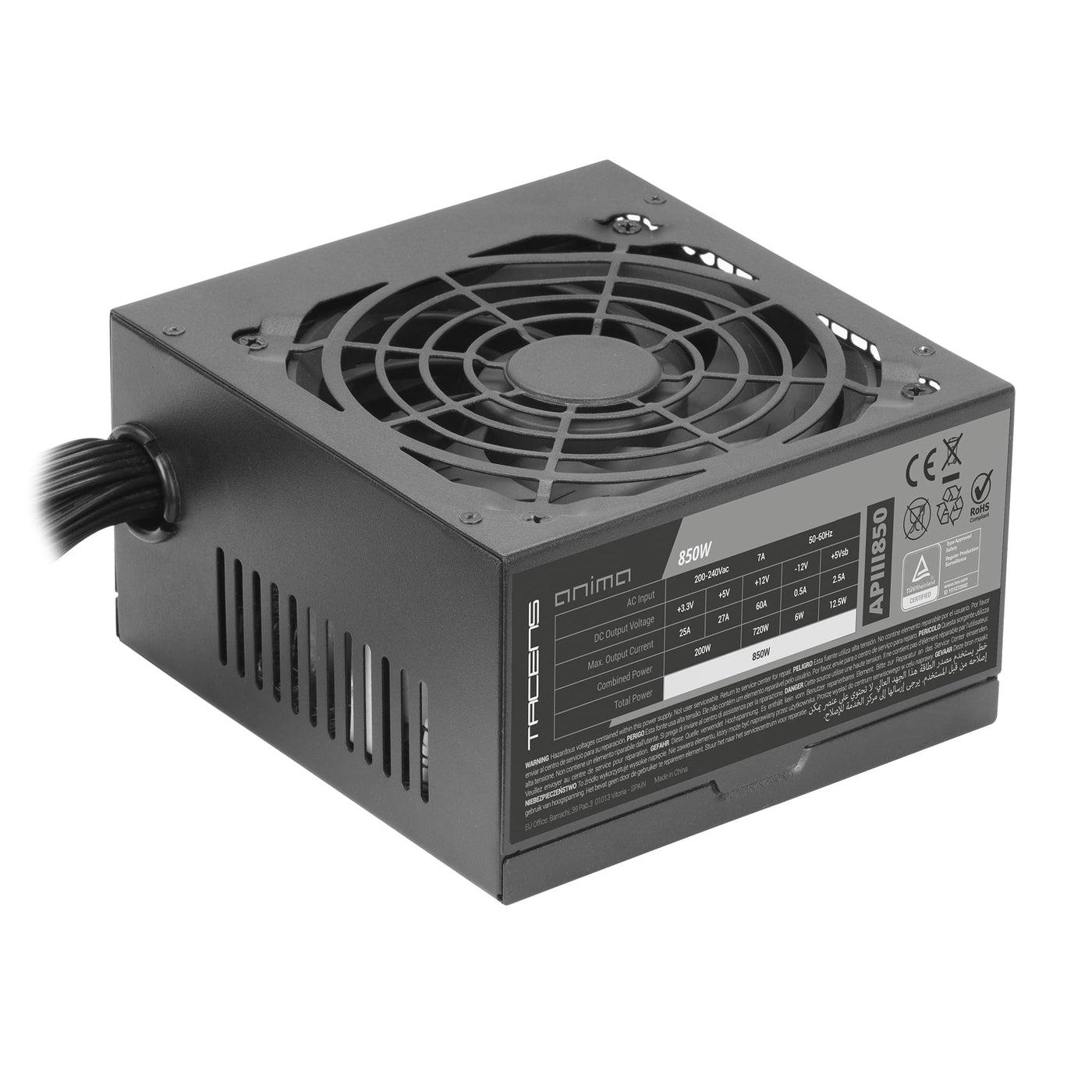 Tacens Anima APIII850, PC-Netzteil ATX 850W, SMD- und DC-DC-Technologien, 85% Effizienz 12V, Ultrasilent 12cm Lüfter, Extralange Flachkabel, Schwarz