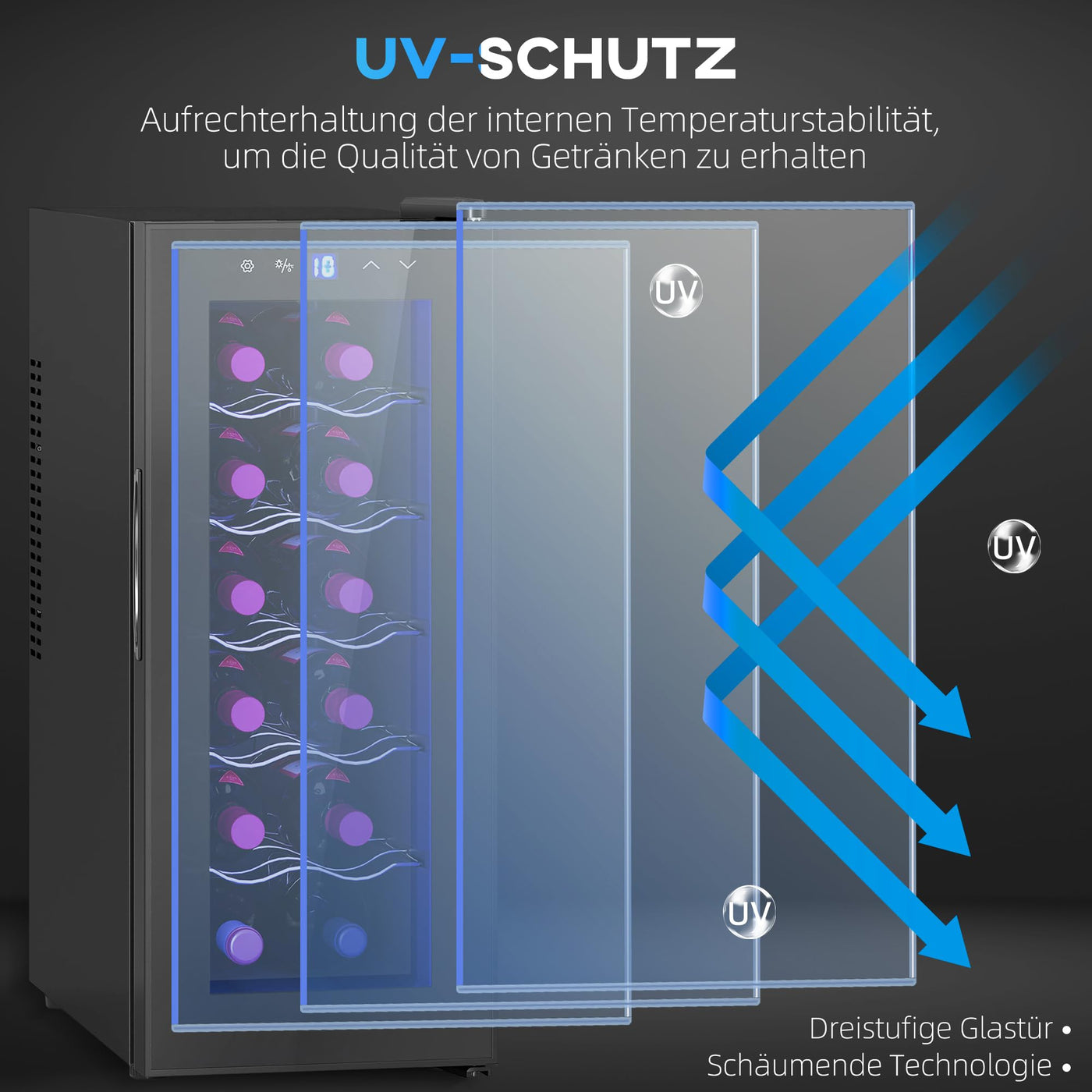 HOMCOM Weinkühlschrank 12 Flaschen 30L 8-18℃ Doppelt Thermoelektrisch Flaschenkühlschrank mit Glastür, Getränkekühlschrank mit LED-Leuchte, Kleiner Weinschrank mit Touch-Screen Schwarz