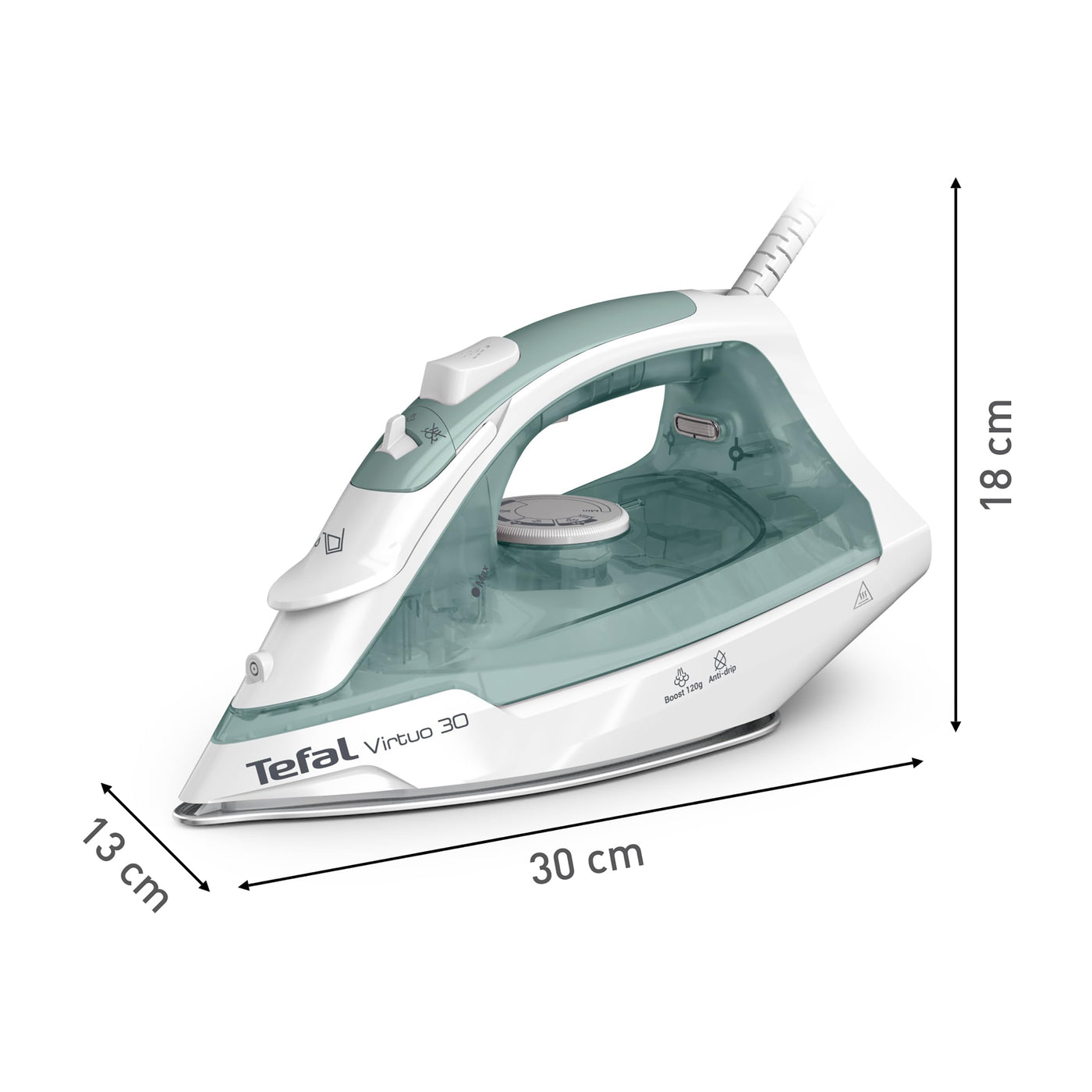 Tefal Virtuo 30 Dampfbügeleisen, 2000 W, 27 g/Min. Dampfabgabe, 120 g/Min. Dampfstoß, 30 Sek. Aufheizzeit, Vertikaldampf, Tropfstopp, Präzisionsbügelspitze, Eukalyptus, FV2C42E0