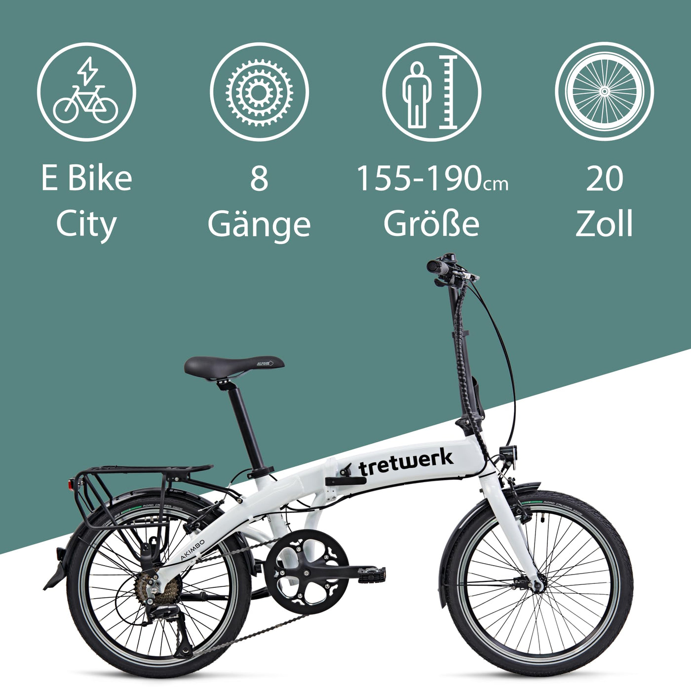 TRETWERK 20 Zoll E-Bike Klapprad - Akimbo - Faltrad Pedelec mit 8 Gang Kettenschaltung - klappbares Elektrofahrrad mit Heckmotor 50Nm - - weiß