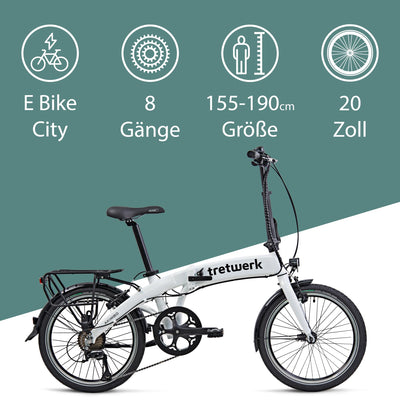 TRETWERK 20 Zoll E-Bike Klapprad - Akimbo - Faltrad Pedelec mit 8 Gang Kettenschaltung - klappbares Elektrofahrrad mit Heckmotor 50Nm - - weiß