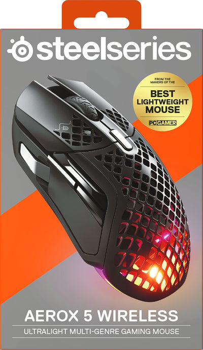 SteelSeries Aerox 5 Wireless – RGB Gaming-Mouse mit Öffnungen in der Oberfläche – Federleichtes, wasserabweisendes Design – 9 Tasten – Bluetooth/2,4 GHz – Optischer TrueMove Air-Sensor mit 18.000 DPI
