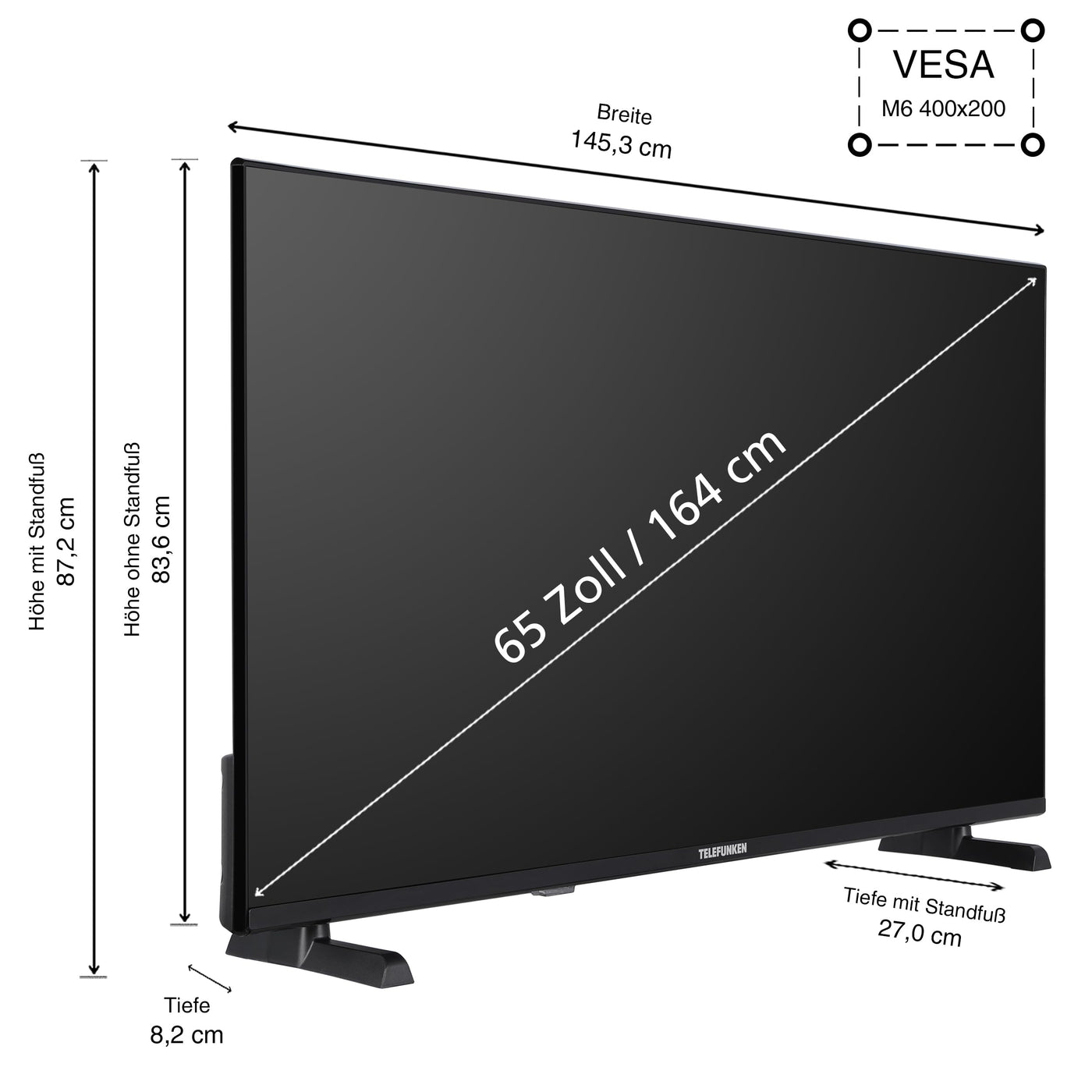 Telefunken QLED Fernseher 65 Zoll Smart TV VIDAA QU65VP750S 4K Fernseher UHD, HDR TV mit Dolby Vision, Dolby Atmos, Triple-Tuner und 6 Monate HD+ inkl., LED TV schwarz