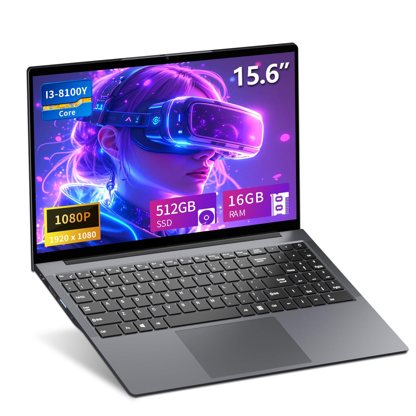 Moacreto Laptop 15,6 Zoll Core i3-8100Y Prozessor 16GB RAM 512GB SSD Win 11 Pro FHD 1920 * 1080 Notebook, mit Typ-C, USB 3.0, Mini HDMI, Wi-Fi, BT5.0, Ziffernblock PC-Computer