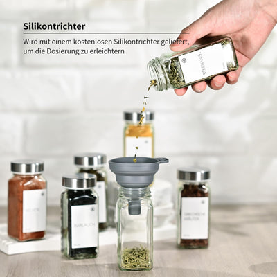 Miorkly Gewürzgläser Eckig mit Streueinsatz, Edelstahl Deckel Gewürzdosen Set 120ml, 12 Gewürzgläser Set, Gewürzstreuer Glas mit Streuer-Aufsätze, Trichter, Etiketten & Kreidestift, Gewürze Set