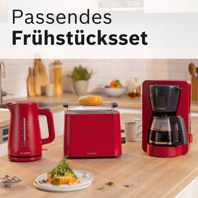 Bosch kabelloser Wasserkocher MyMoment TWK3M124, Abschaltautomatik, Überhitzungsschutz, Tassenanzeige, beidseitige Wasserstandsanzeige, entnehmbarer Kalkfilter, 1,7 L, 2400 W, Rot matt