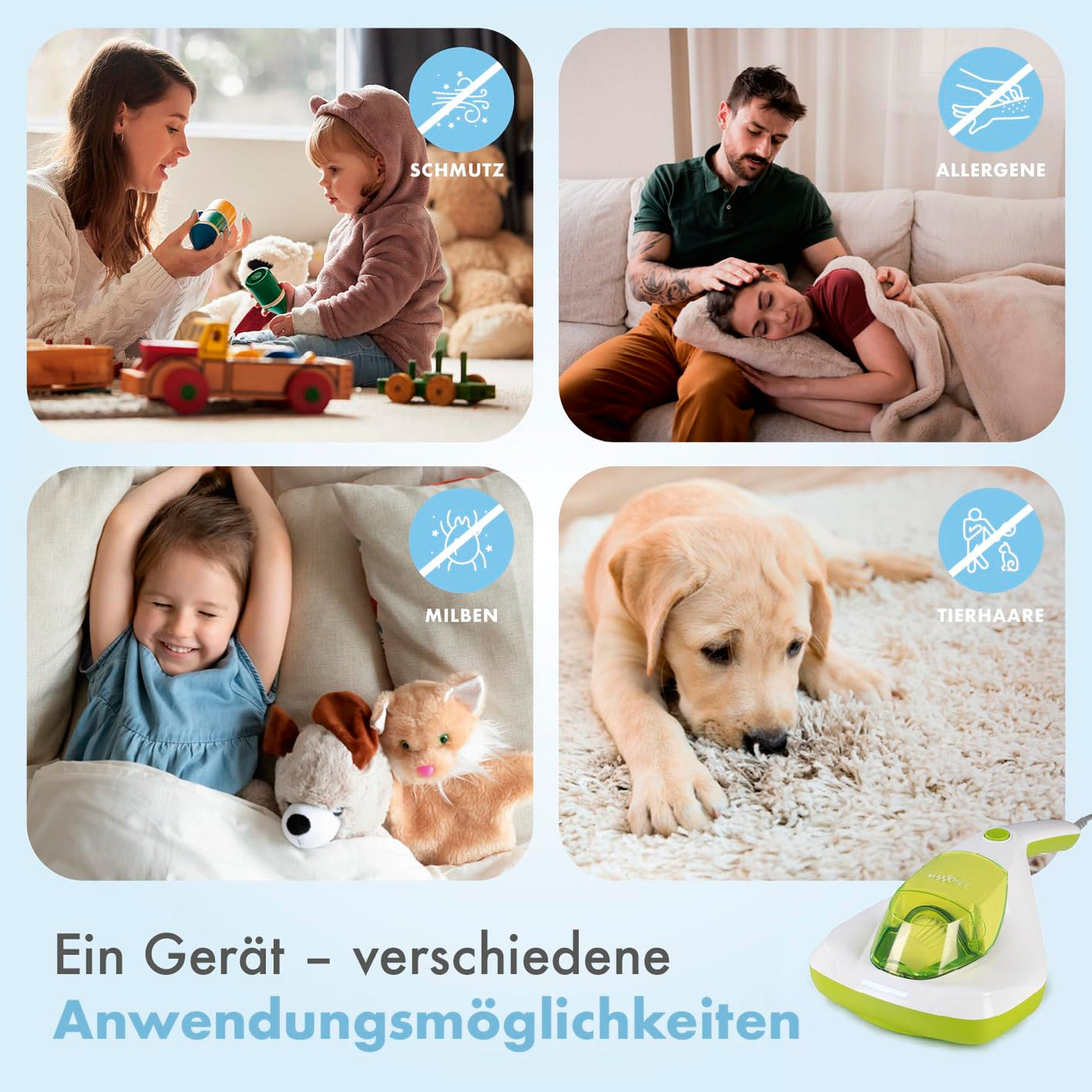 MAXXMEE Milben-Handstaubsauger inkl. Anti-Milben Spray | Antimilben-Sauger mit UV-C Licht, vernichtet 99,9% der Milben | Matratzensauger inkl. HEPA Filter und 250ml Staubbehälter [Limonengrün]