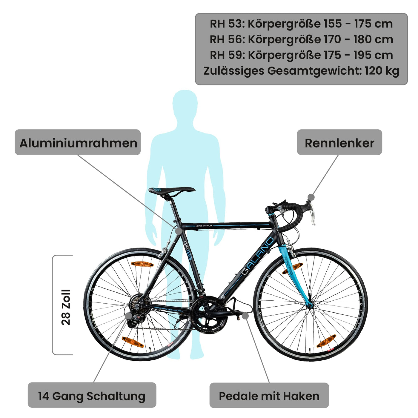 Galano Rennrad 700c Giro D'Italia Fahrrad 28" Fitnessbike Road Bike 14 Gänge (schwarz/blau, 56 cm)