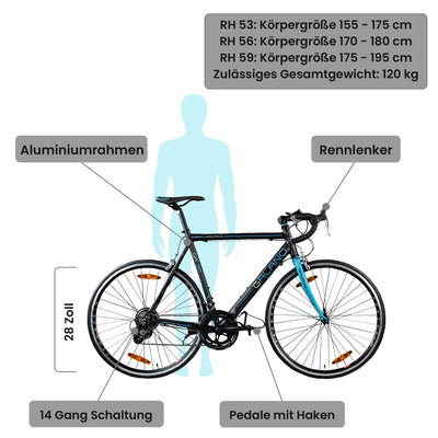 Galano Rennrad 700c Giro D'Italia Fahrrad 28" Fitnessbike Road Bike 14 Gänge (schwarz/blau, 56 cm)