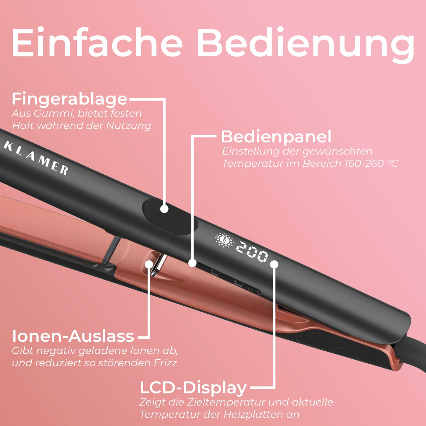 KLAMER Glätteisen 2 in 1,Haarglätter mit Ionen Technologie: weniger Frizz & statische Aufladung, Premium Keramik Beschichtung, 20s Schnellaufheizung, LCD-Display, 160°C -260°C, rosé