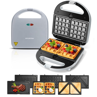 Aigostar Sandwich maker 3 in 1, Sandwich Maker, Kontaktgrill, Waffeleisen 3 in 1, 750W, Antihaftbeschichtete abnehmbare Platten, wärmeisolierter Griffe, Grau, Grace