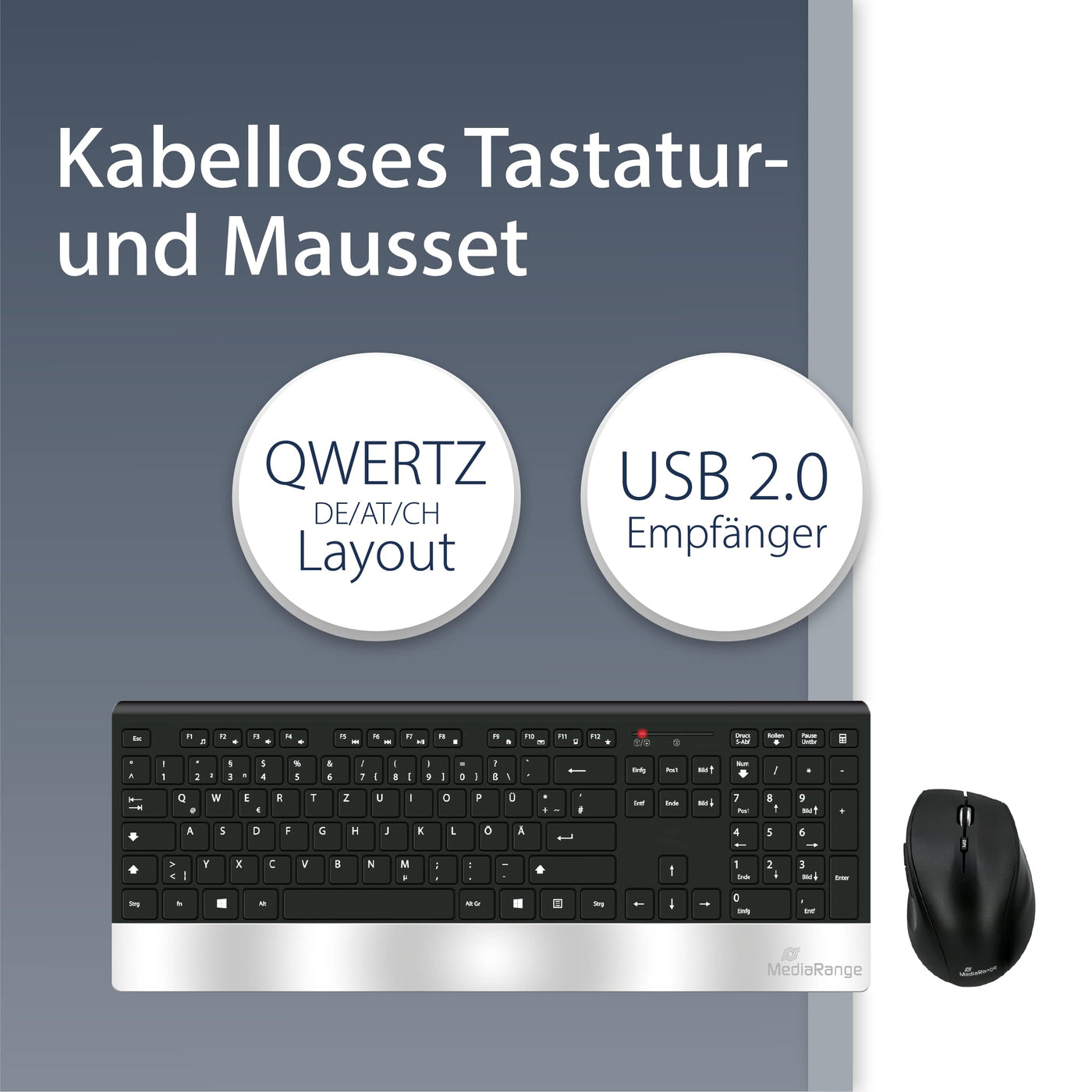 MediaRange Funk-Tastatur- und Maus-Set, Highline Serie, QWERTZ, schwarz/silber