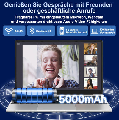 NOTODD 2025 Laptop 14 Zoll Win 11 Pro 6GB RAM 256GB SSD Unterstützung 1TB (TF 1TB) Notebook Celeron N4020 (bis2.8GHz) 5000mAh 1920x1080p WiFi Deutscher Tastaturschutz und kabellose Maus-Silver