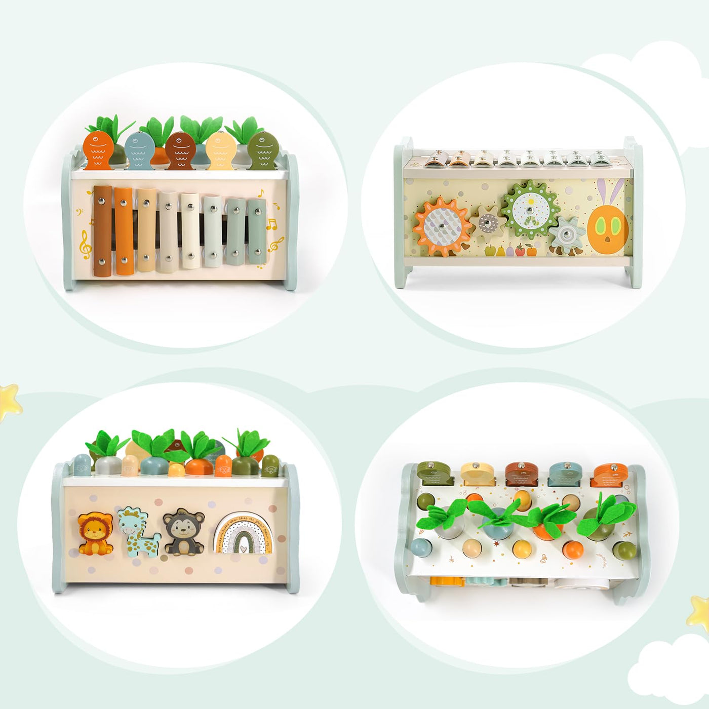 Montessori Spielzeug ab 1 Jahr, 6 in 1 Holzspielzeug ab 1 Jahr, Motorikspielzeug mit Hammerspiel Angelspiel Xylophon Rotierendes Zahnrad, Kinderspielzeug Geschenk 1 2 3 Jahre Mädchen Junge