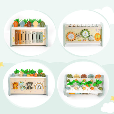 Montessori Spielzeug ab 1 Jahr, 6 in 1 Holzspielzeug ab 1 Jahr, Motorikspielzeug mit Hammerspiel Angelspiel Xylophon Rotierendes Zahnrad, Kinderspielzeug Geschenk 1 2 3 Jahre Mädchen Junge