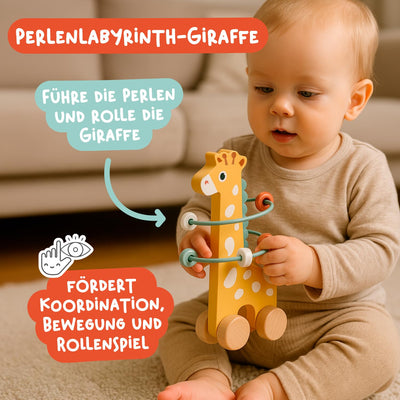 Nene Toys Spielzeug ab 1 Jahr – Montessori Baby Holzspielzeug 4-in-1 Set mit Klangbausteinen, Regenmacher, Stapelturm & Jirafa-Labyrinth – Holzbausteine Motorikspielzeug Geschenk Junge Mädchen